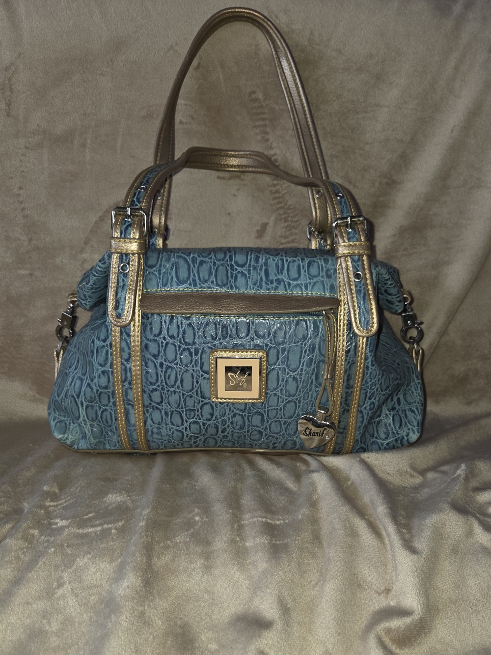 Sharif Teal Croc-Embossed Leather Satchel with Gold Accents
